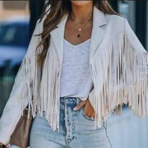 Pink Lily Cream Fringe Leather Jacket